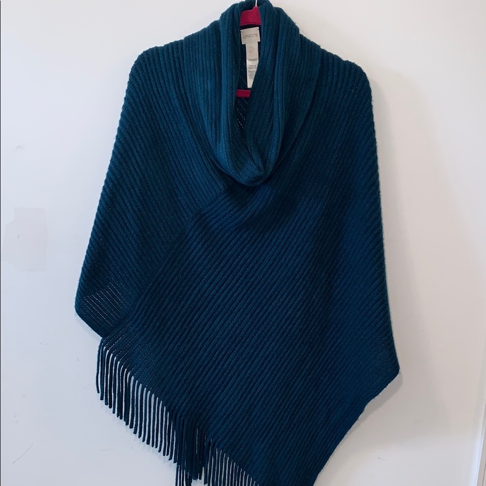 Chico's Ribbed Knit Cowl Neck Poncho Teal Blue Green Fringe One Size